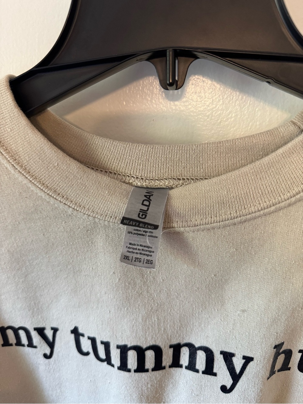 Gildan Beige Crewneck Sweatshirt with "my tummy hurts" Text - Picture 3 of 4